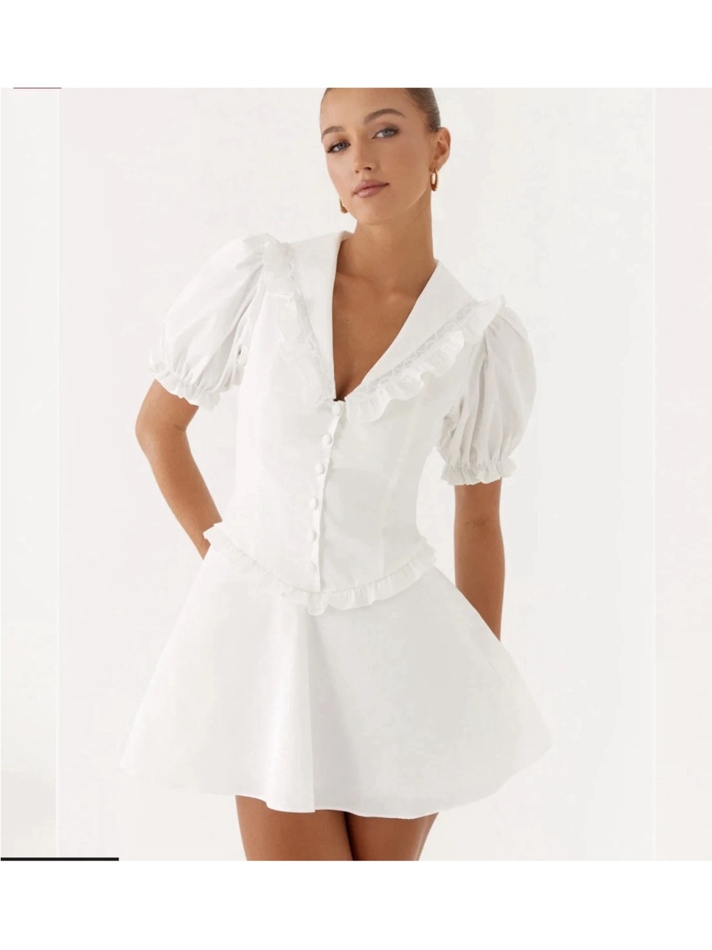 Peppermayo  Seana Mini Dress White Sz 12 EU 44 Bold Collar  Fully Lined  Chic